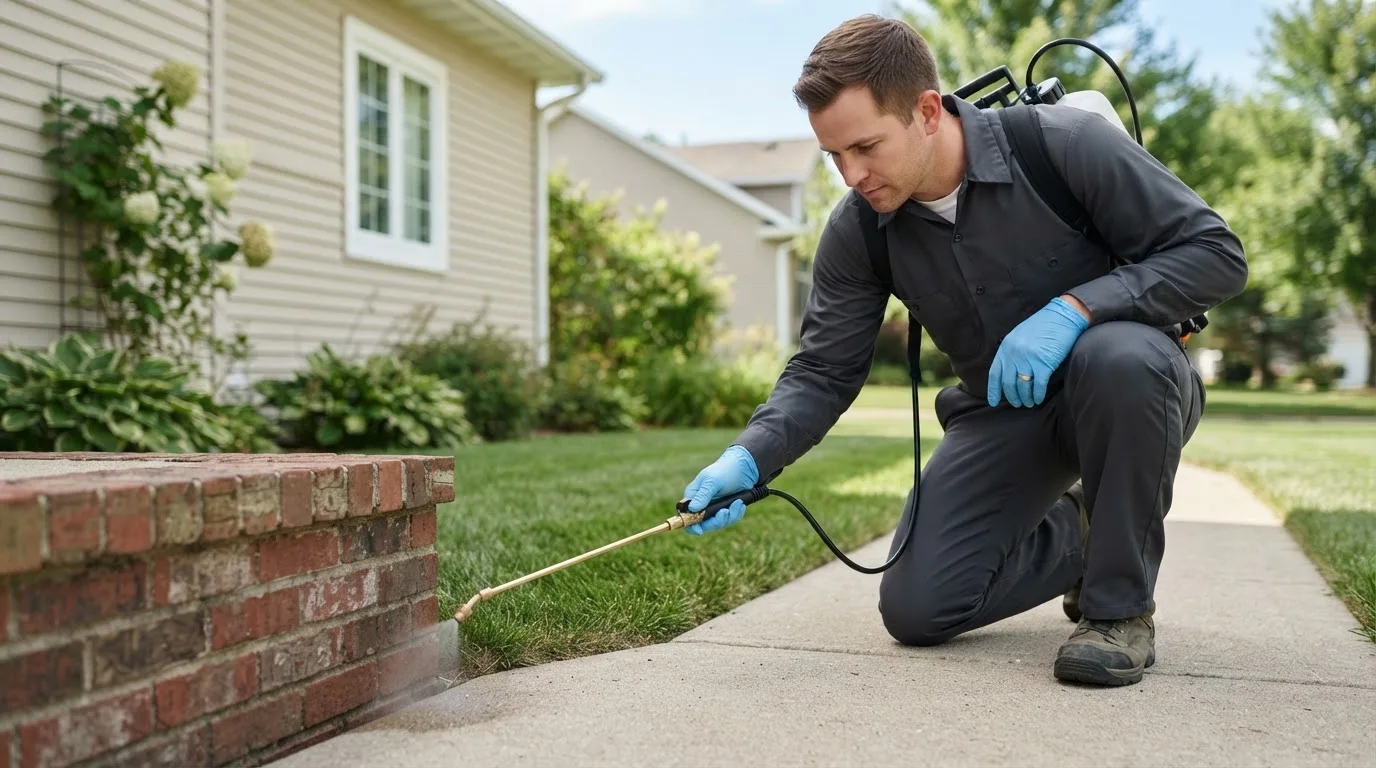 Pest control technician treating a home near Moville, IA