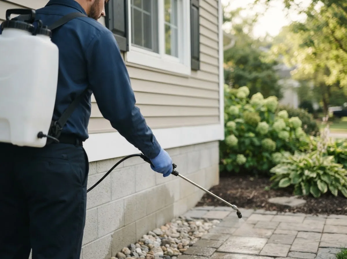 Pest control technician inspecting a home in Moville, IA